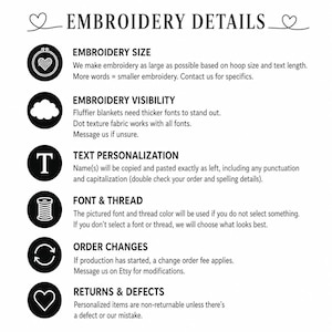 May include: A white graphic with the text "EMBROIDERY DETAILS" and several bullet points describing embroidery size, visibility, text personalisation, font and thread, order changes, and returns and defects.