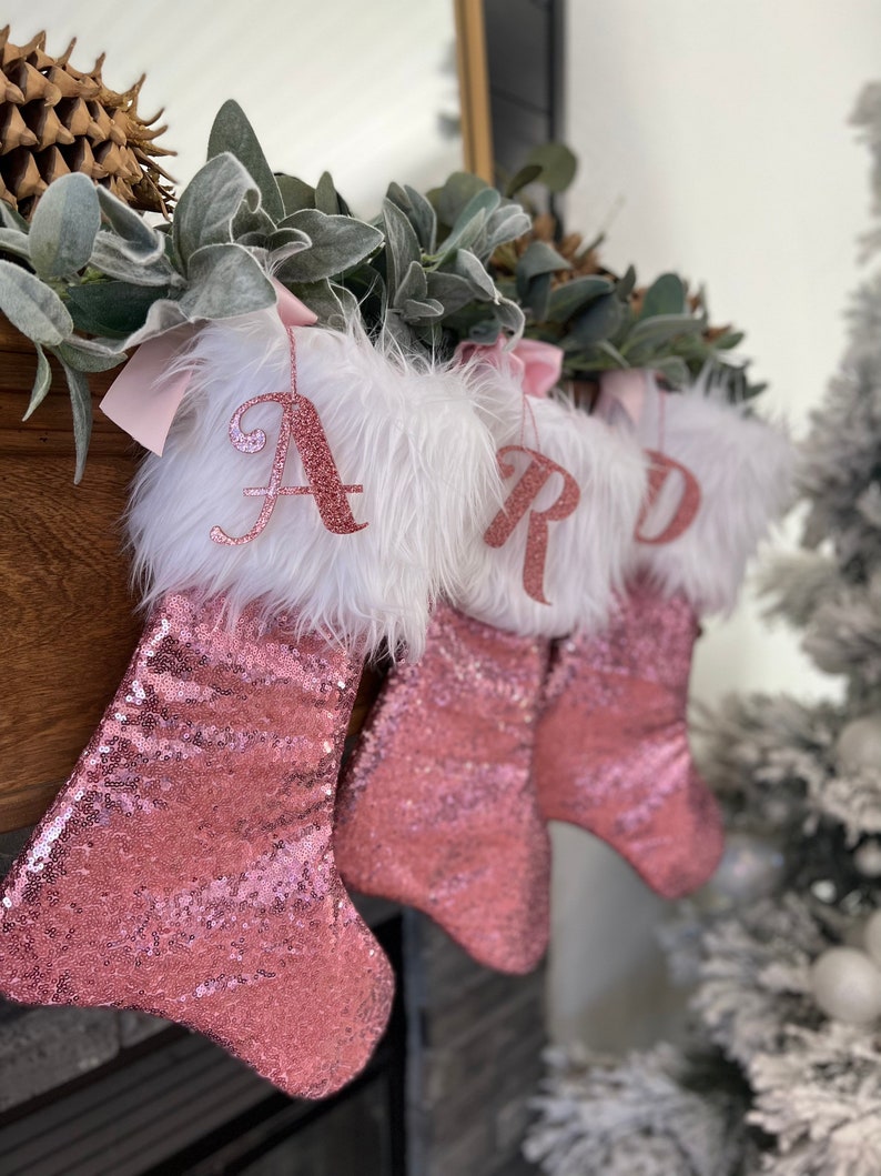 Baby Pink Christmas Stocking, Personalized Christmas Stocking, Sequins Christmas Stocking, Sparkle Stocking, Pink Sparkle Stocking image 2