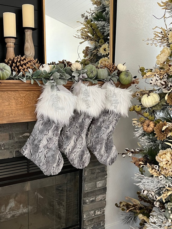 Silver Christmas Stocking, Light Gray Xmas Decor, Personalized