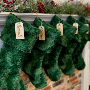Personalized stocking, Green fur Christmas stocking, personalized Fur Christmas stocking,farmhouse Christmas stocking, Personalized Wood tag