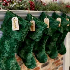 Personalized stocking, Green fur Christmas stocking, personalized Fur Christmas stocking,farmhouse Christmas stocking, Personalized Wood tag