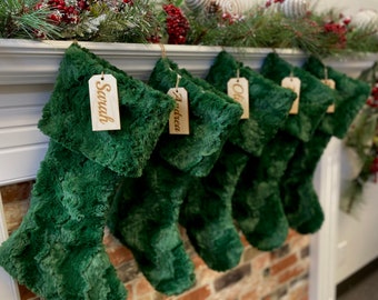 Personalized stocking, Green fur Christmas stocking, personalized Fur Christmas stocking,farmhouse Christmas stocking, Personalized Wood tag