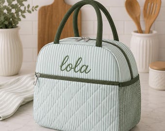 Personalized Sage Stripe Lunch Tote, Embroidered Insulated Lunch Bag