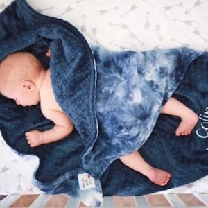 Personalized Blue Tie Dye and You Choose Dot Minky Baby Blanket, Newborn Baby Shower Gift