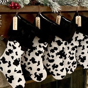 Cow Christmas stocking, Black and White Cow Christmas stocking, personalized Christmas stocking, Personalized Laser tag
