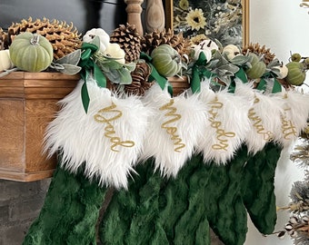 Green Christmas Stocking, Faux Fur Christmas Stocking, Personalized Christmas Stocking, Sparkle Initial Christmas Stocking