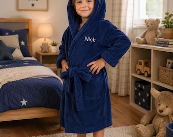 Personalized Kids Hooded Robe, Custom Embroidered Name Bathrobe, Soft Fleece Toddler Robe, Boys Girls Gift Ages 3-12