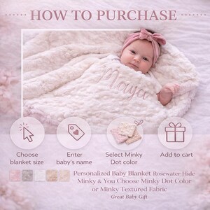 May include: A baby lies swaddled in a soft, white blanket with the name "Maya" embroidered on it. The blanket has a textured, dotted pattern. The image includes instructions: "Choose blanket size", "Enter baby's name", "Select Minky Dot color", and "Add to cart".