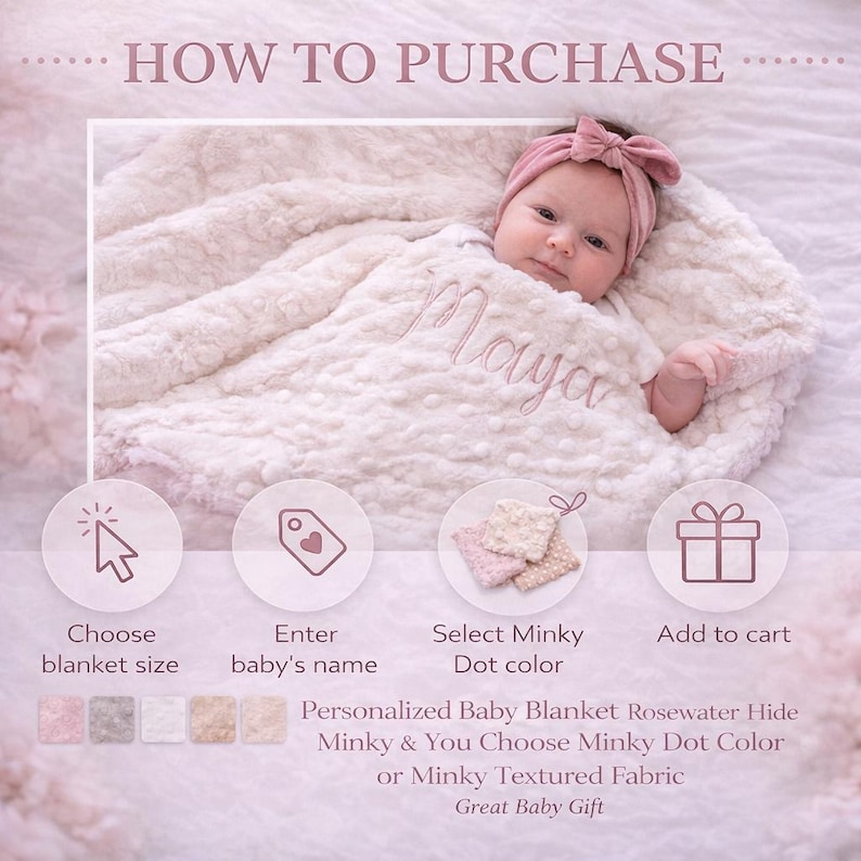 May include: A baby lies swaddled in a soft, white blanket with the name "Maya" embroidered on it. The blanket has a textured, dotted pattern. The image includes instructions: "Choose blanket size", "Enter baby's name", "Select Minky Dot color", and "Add to cart".