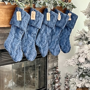 Personalized stocking, Denim Blue Christmas stocking, personalized Fur Christmas stocking,farmhouse Christmas, Personalized Wood tag