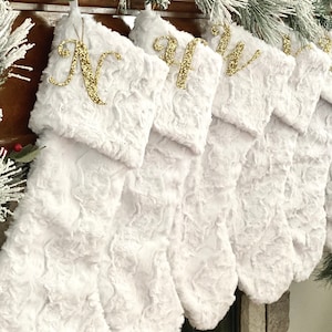 White Christmas Stocking, Faux Fur Christmas Stocking, Personalized Christmas Stocking, Sparkle Initial Christmas Stocking