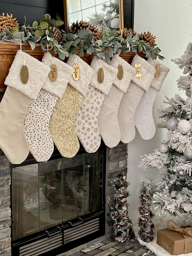 Gold Classic Christmas Stocking, Gold Christmas stocking, personalized Cotton Christmas stocking, Minimalist Christmas Decor image 2