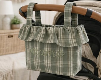 Personalized Ruffle Stroller Caddy Bag | Baby Shower Gift | Mom Tote Organizer | Sage Plaid Stroller Bag | Mom Gift