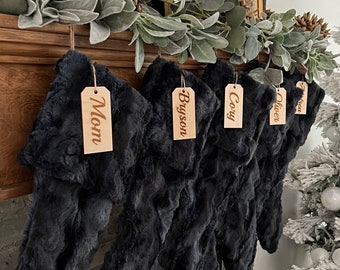 Personalized stocking, Black Christmas stocking, personalized Fur Christmas stocking,farmhouse Christmas, Personalized Wood tag