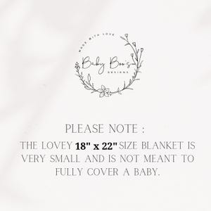 May include: White background with text and a circular floral design. The text reads "Baby Boo's Designs" and "Made with Love." The text also states the blanket size is 18" x 22" and is not meant to fully cover a baby.