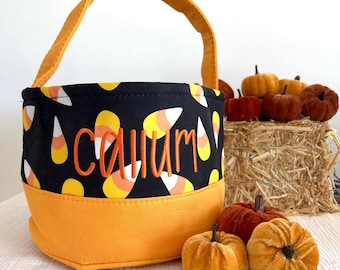 Personalized Halloween Bag, Candy Corn Trick or Treat Bag, Custom Candy Orange Halloween Bag, Pumpkin Trick-or-Treat Bucket, Halloween tote