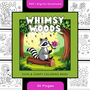 Whimsy Woods Malbuch | PDF Digitaler Download | 30 skurrile Tierillustrationen | Druckbares Wald Malbuch für Kinder und Erwachsene