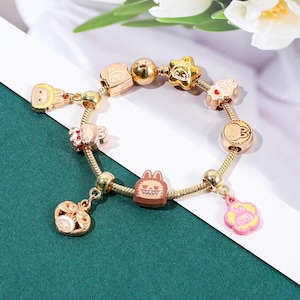 Labubu Charm Bracelet: Gold Beaded Kawaii Jewelry