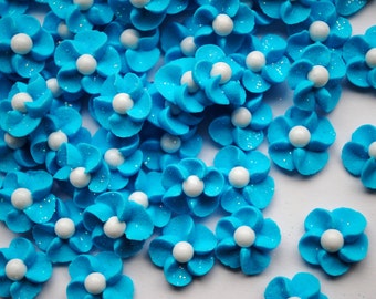 Royal Icing Flowers in Sparkling Sky Blue with White Sugar Pearl Centers (50)