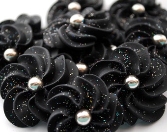 Sparkling Black Royal Icing Flowers-  Modern style with 6mm Silver dragee center (24)