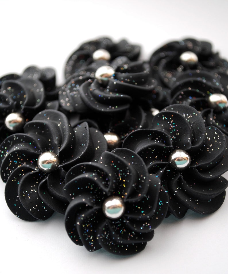 Sparkling Black Royal Icing Flowers-  Modern style with 6mm Silver dragee center (24) 