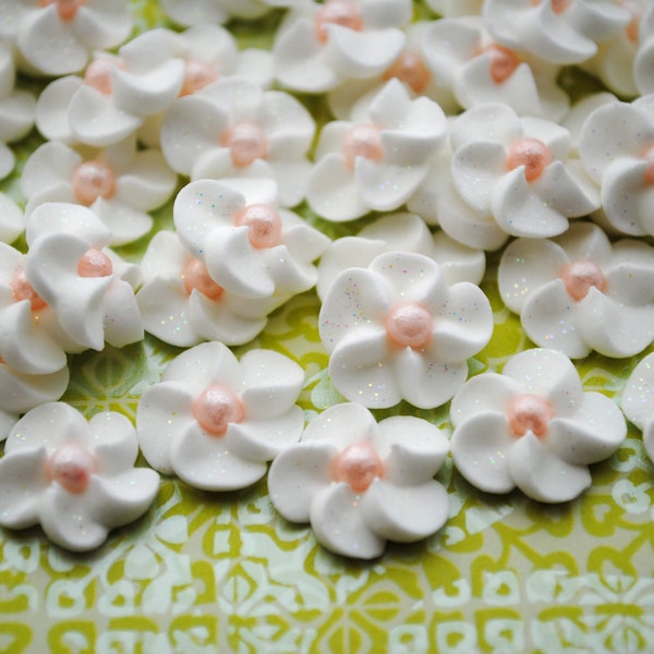 Royal Icing Flowers-  White Royal Icing Drop Flowers with pink pearl center (50)