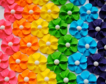 Royal Icing Flowers- Rainbow Mix with sparkles and white sugar pearl center (30)