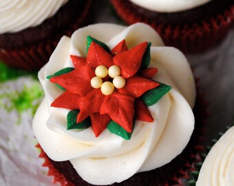 Poinsettia Royal Icing Decorations- Great for Cupcakes or Cakes- (6)