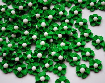 Handmade Kelly Green Royal Icing Flowers w/ White Sugar Pearl Centers (50 or 100)
