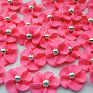 Hot Pink Royal Icing Sugar Flowers With Sparkles and a Silver Dragee Center (24)