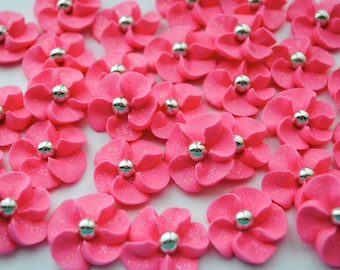 Hot Pink Royal Icing Sugar Flowers With Sparkles and a Silver Dragee Center (24)