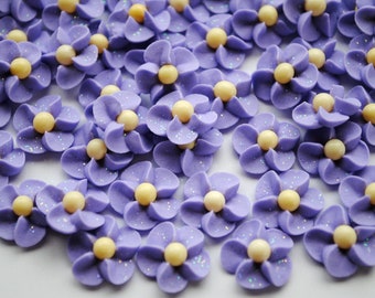 Lavender Royal Icing Flowers with Yellow Matte Sugar Pearl Centers and Sparkles (50)