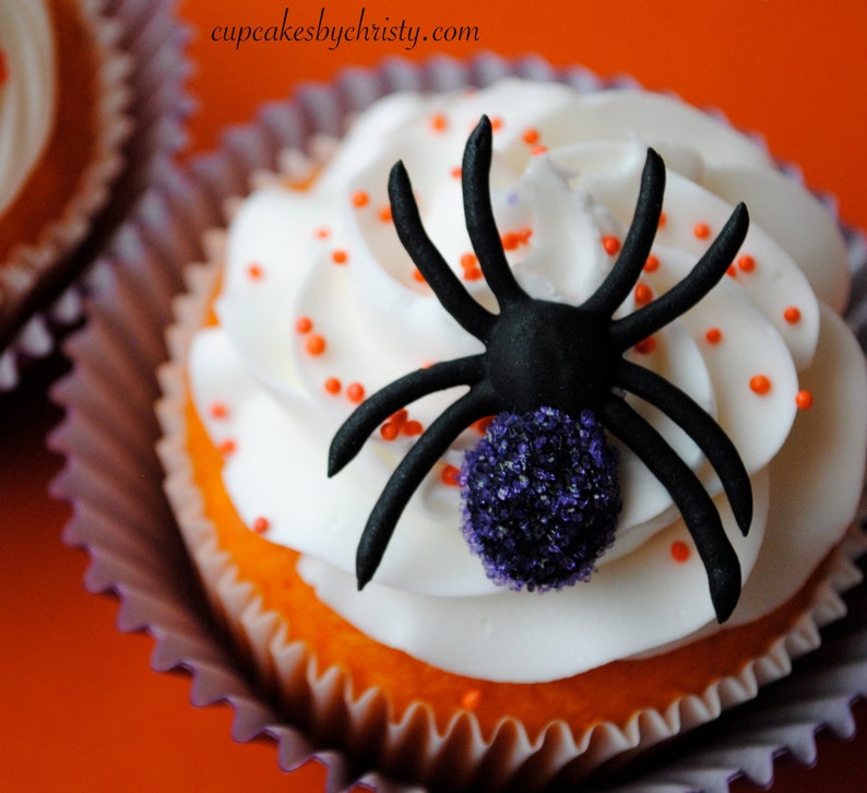 May include: A Halloween cupcake with white icing, orange sprinkles, and a black spider decoration. The cupcake is in a purple paper case against an orange backdrop. The website address cupcakesbychristy.com is visible.
