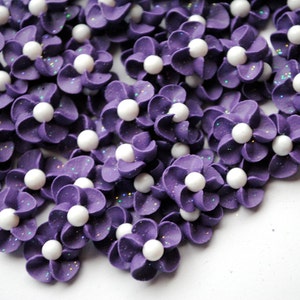 Handmade Purple Royal Icing Flowers with White Sugar Pearl Centers (50)