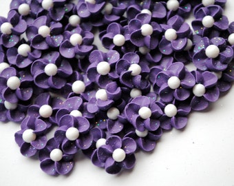 Handmade Purple Royal Icing Flowers with White Sugar Pearl Centers (50)