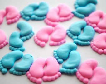 Huellas de bebé Royal Icing- Toppers de postre comestibles- Rosa bebé o azul bebé (12 pares)