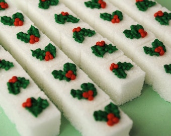 Sugar Cubes with Holly Leaves and Berries- Made from Royal Icing (25)
