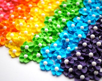 Edible Rainbow Flower Cake Decorations- Royal Icing Flowers-  Handmade Rainbow Sparkle Mix w/ White Sugar Pearl (60)