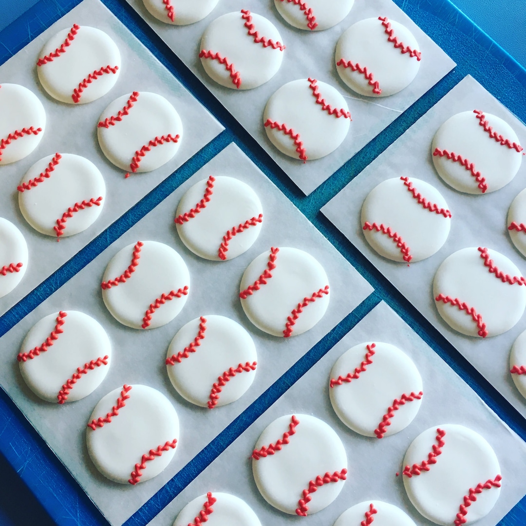 Baseballs Made From Royal Icing Edible Cupcake Toppers 12 Etsy