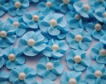 Royal Icing Flowers-  Baby Blue with Ivory Sugar Pearl Center (50)