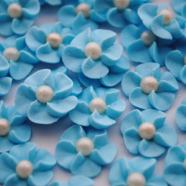 Royal Icing Flowers-  Baby Blue with Ivory Sugar Pearl Center (50)