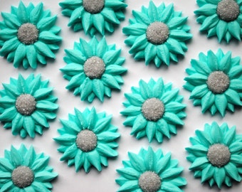 Light Blue Green Royal Icing Flowers- Edible Decorations- Silver Sanding Sugar Center (12)