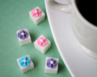 Decorative Sugar Cubes- Royal Icing Flowers on Sugar Cubes-  Pink, Light Blue & Lavender (25)