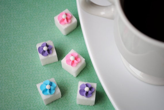 Decorative Sugar Cubes- Royal Icing Flowers on Sugar Cubes-  Pink, Light Blue & Lavender (25 or 50)