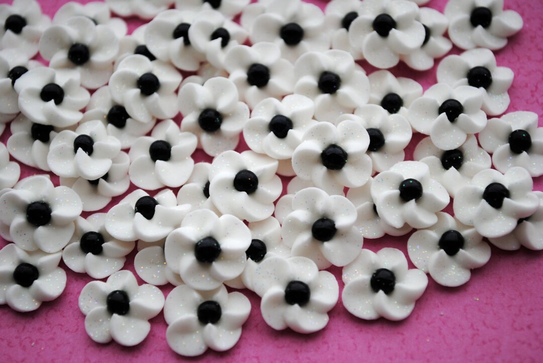 Handmade White Royal Icing Drop Flowers With Black Sugar Pearl Center