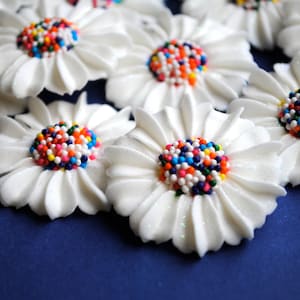 Royal Icing Modern Daisies in White with Rainbow Nonpareil Centers (12)