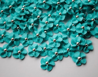 Cake Decorations-Royal Icing Flowers in Light Blue- Green with Silver Dragee Center (50)