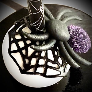 May include: A Halloween-themed cake pop with a white base and a black spiderweb design. A black spider with textured legs and a purple, glittery accent sits on top. A black, cylindrical element with white lines adds to the spooky aesthetic.