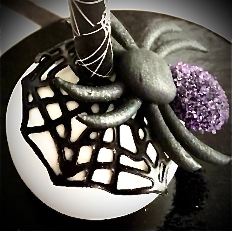 May include: A Halloween-themed cake pop with a white base and a black spiderweb design. A black spider with textured legs and a purple, glittery accent sits on top. A black, cylindrical element with white lines adds to the spooky aesthetic.