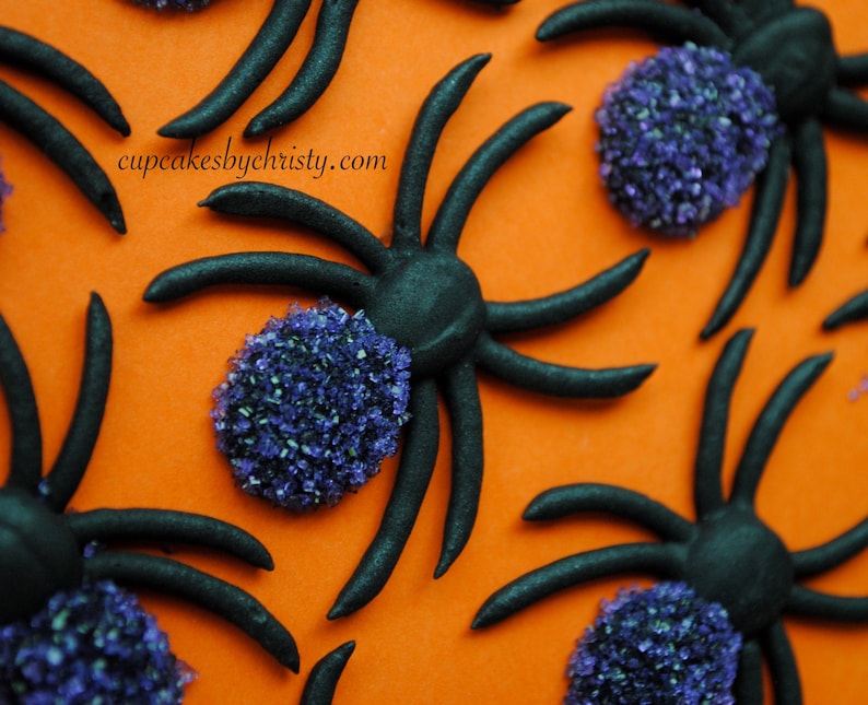 May include: An orange surface decorated with black spiders and purple, granular accents. The spiders have eight legs and are arranged in a repeating pattern. The text "cupcakesbychristy.com" is visible in the image.
